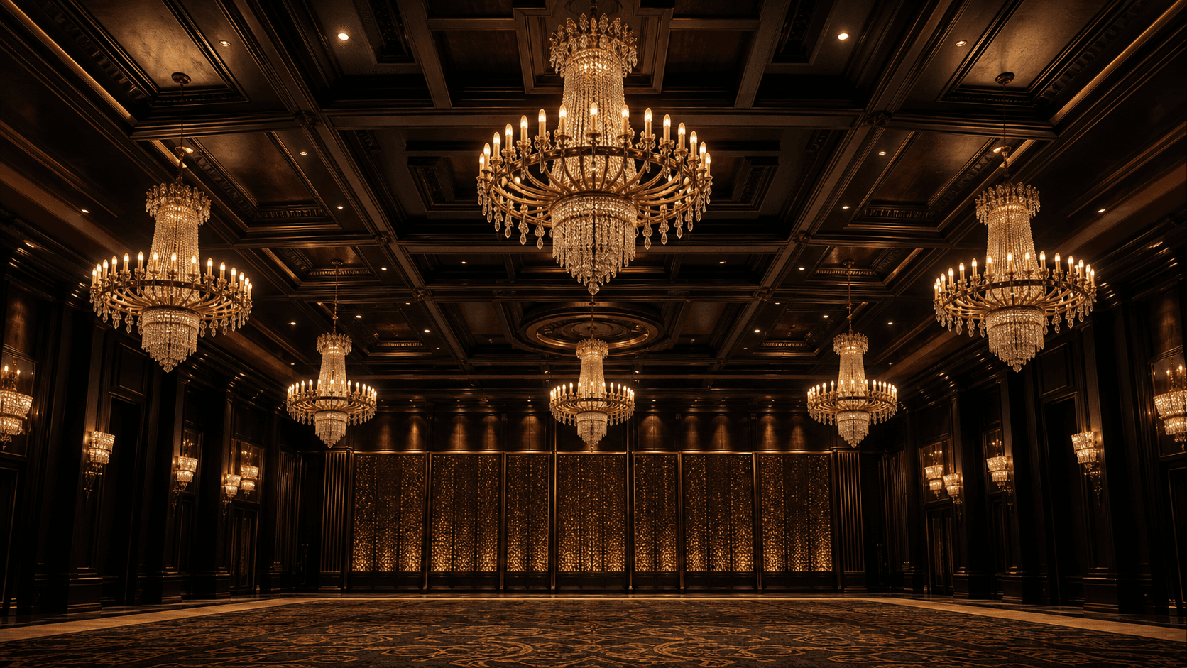 Grand Lagos ballroom illuminated by crystal chandeliers at night