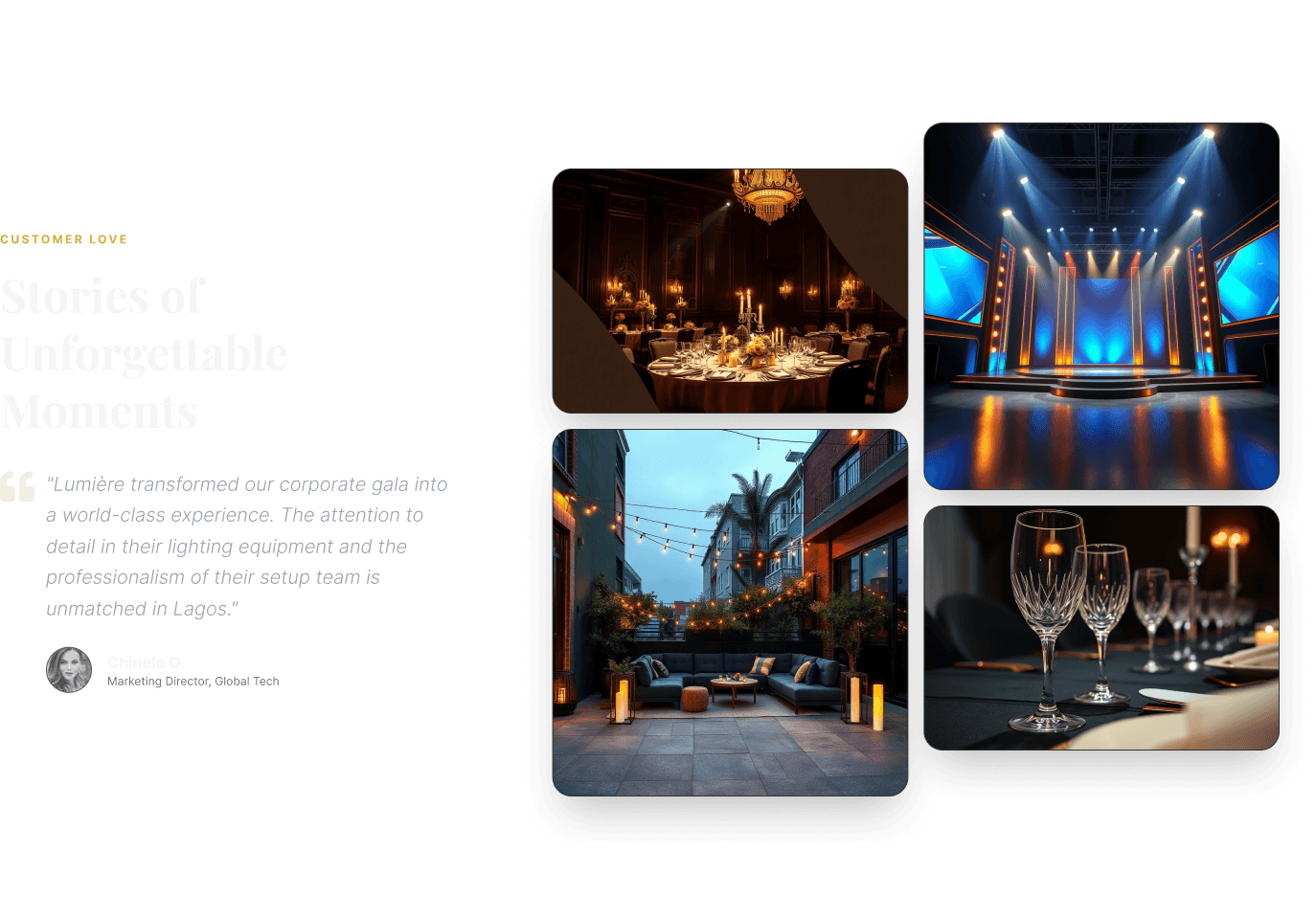 Dark mode customer story accompanied by a gallery of premium event installations