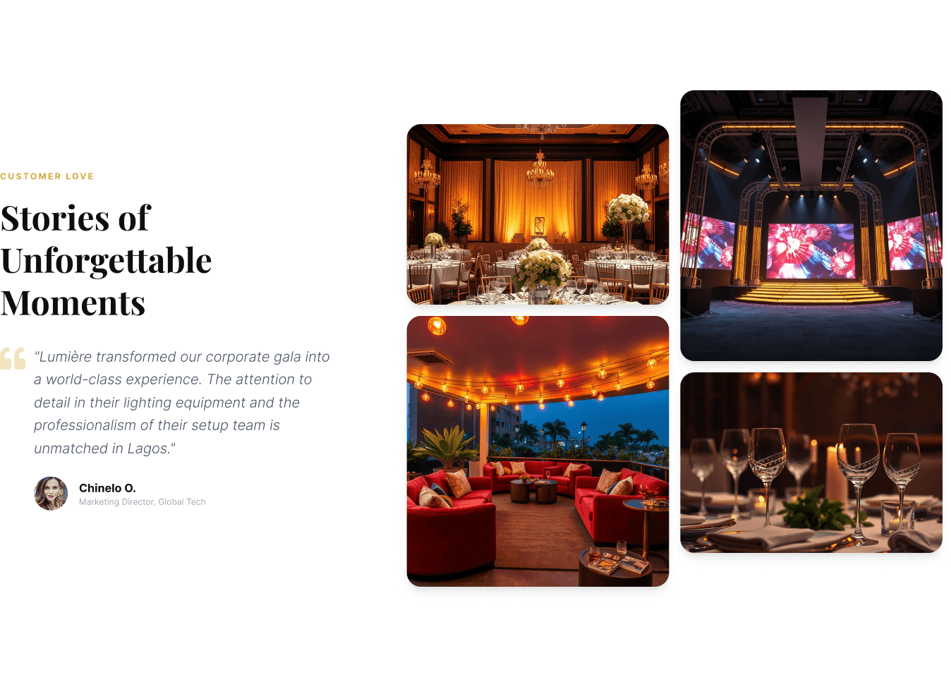 Customer story accompanied by a gallery of premium event installations
